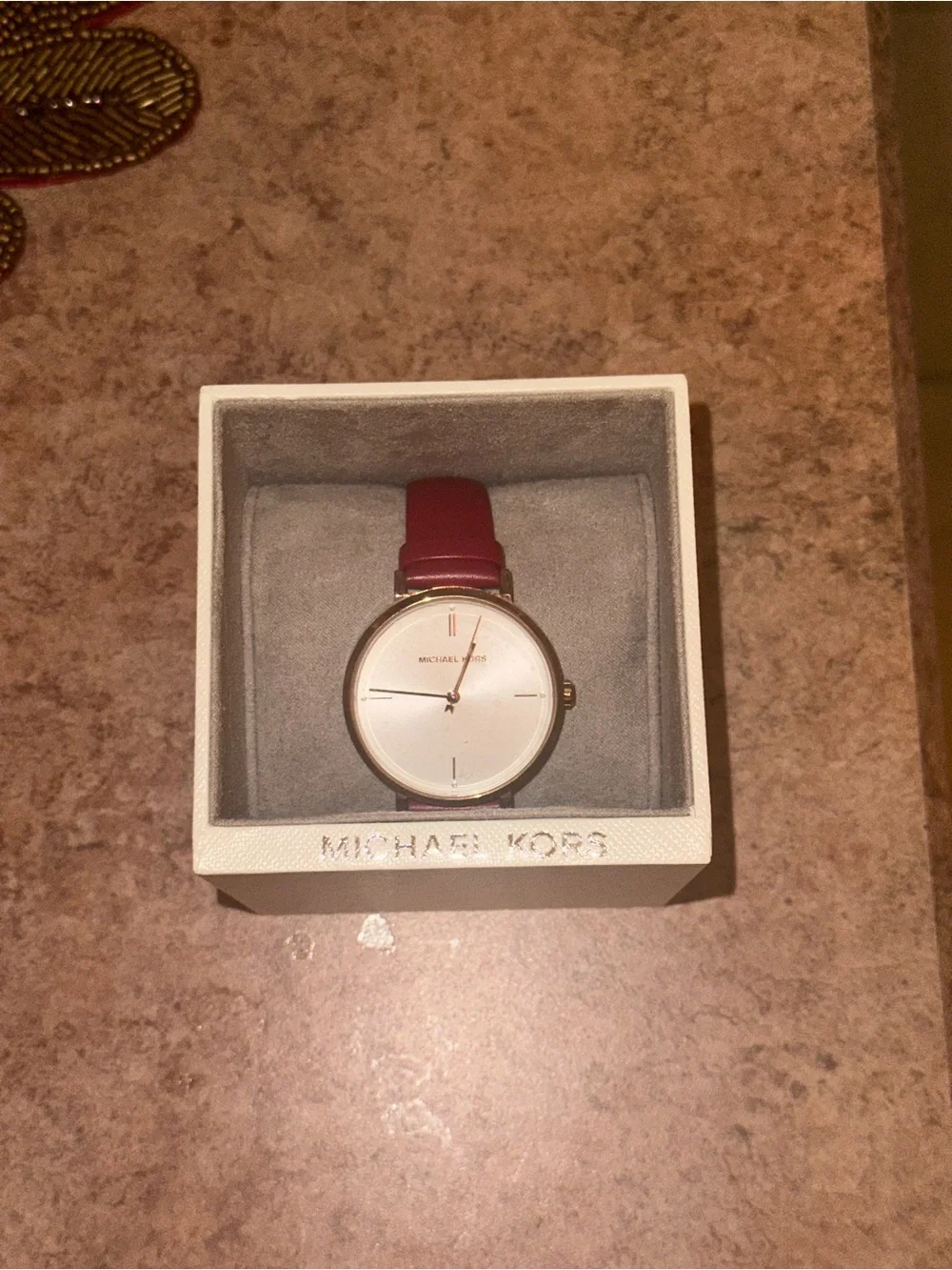 Michael Kors Gold Round Watch with Pink Leather Strap